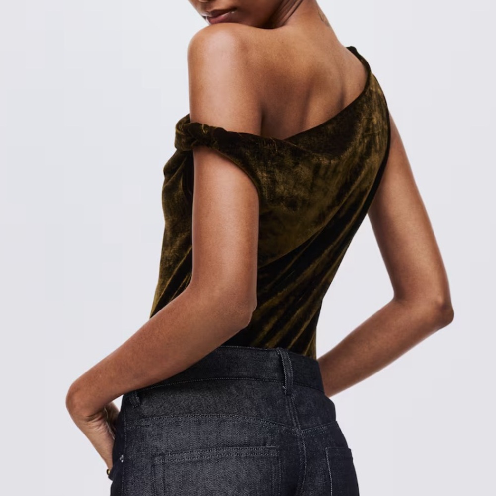 H&M Olive Velvet Off-Shoulder Blouse
